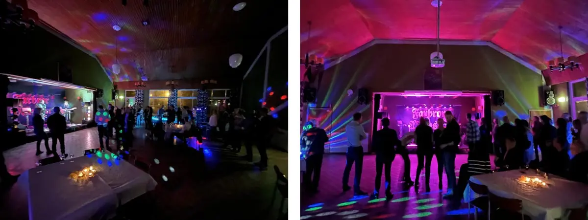 Fest i A-salen med scen och dansgolv eller dukad för fest med scenbelysning